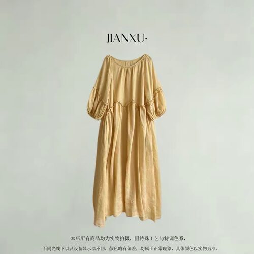 JIAN.XU【夏日再临】100%苎麻圆领木耳边连衣裙 裙长122 胸围120