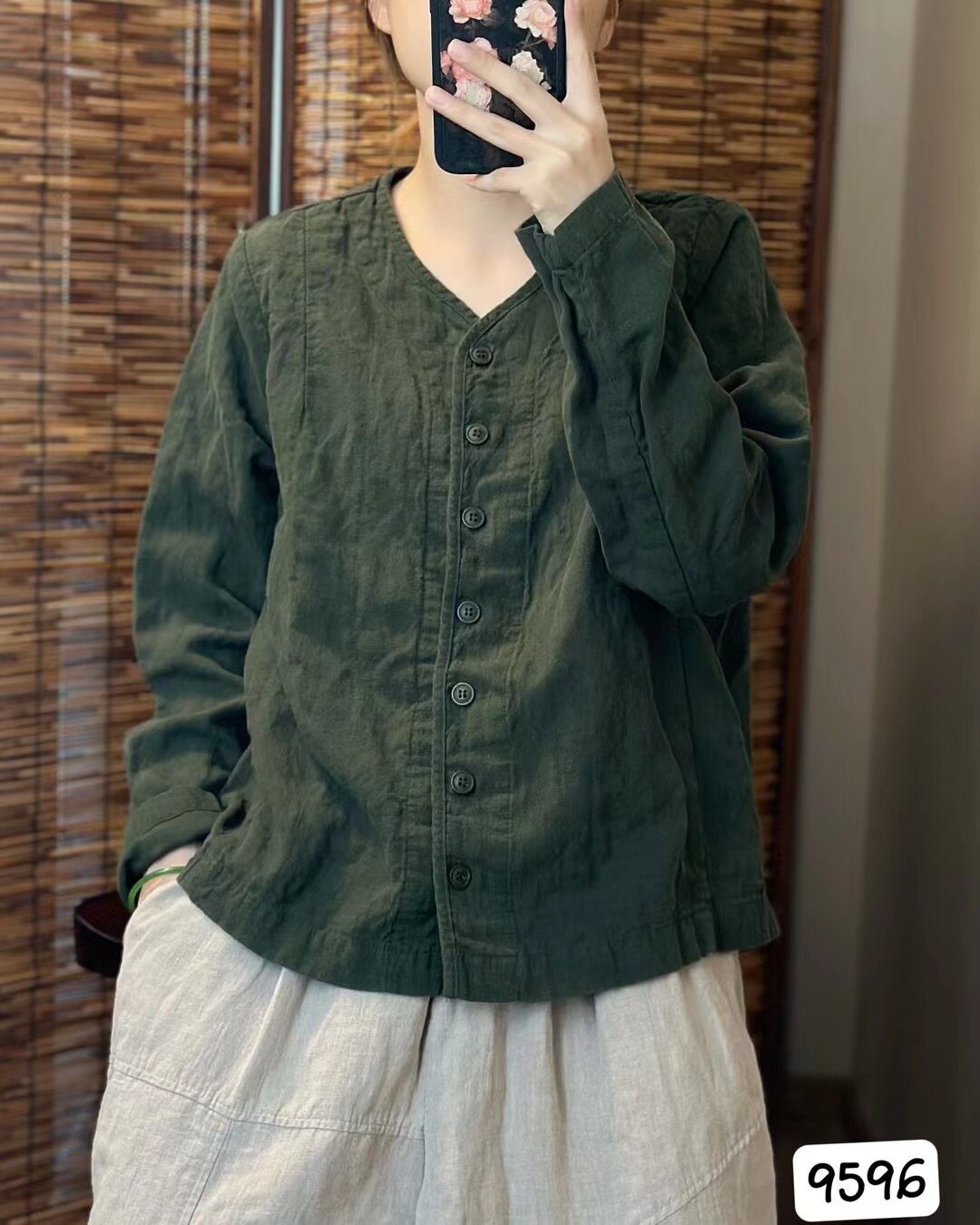 希哦秋季新款加里衬砂洗亚麻衬衫女复古文艺气质百搭长袖开衫上衣