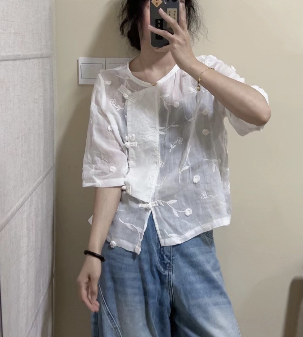 新款100纯苎麻刺绣斜襟文艺复古中式茶服高端女装小个子上衣