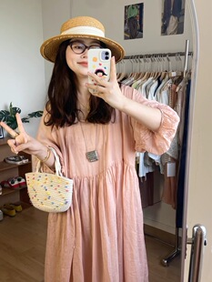 裙长120胸围120 带内衬苎麻连衣裙 JIAN.XU 纯色心形领系带灯笼袖