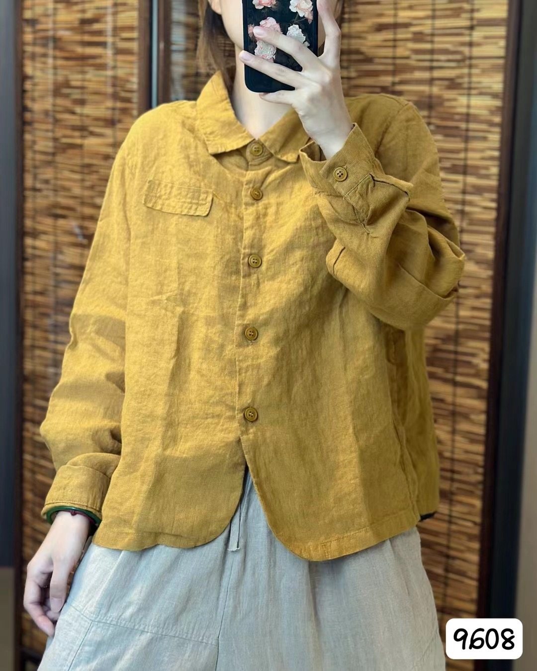 希哦复古砂洗100%亚麻衬衫外套翻领长袖衬衣文艺秋款开衫上衣