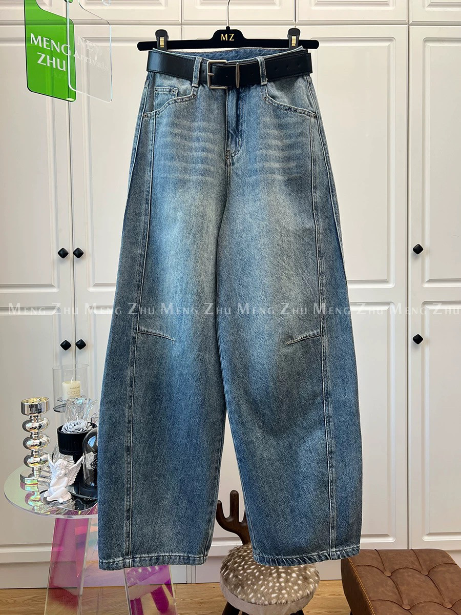 高端欧货2025新款宽松百搭配腰带渐变水洗拼接弯刀卫裤牛仔裤女春,女装/女士精品,牛仔裤,淘宝优惠券,粉丝福利购,淘宝优惠卷