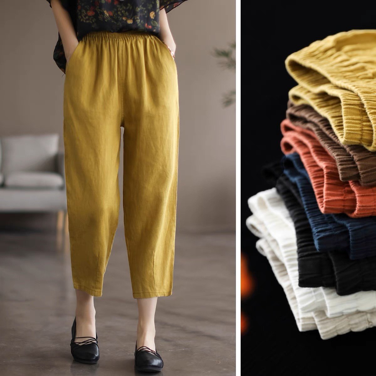 新款原创文艺复古纯色基础款亚麻休闲裤女士宽松显瘦七分哈伦裤子