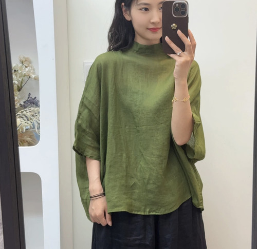 夏季双面穿高端百搭宽松纯色薄款纯苎麻女士衬衫