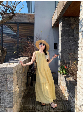 EVNSTYLE “碎金海岸”夏季中长款宽松度假风格子背心连衣裙女