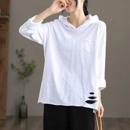 木子纯棉连帽破洞长袖白t恤女中长款2021秋宽松大板开叉休闲打底
