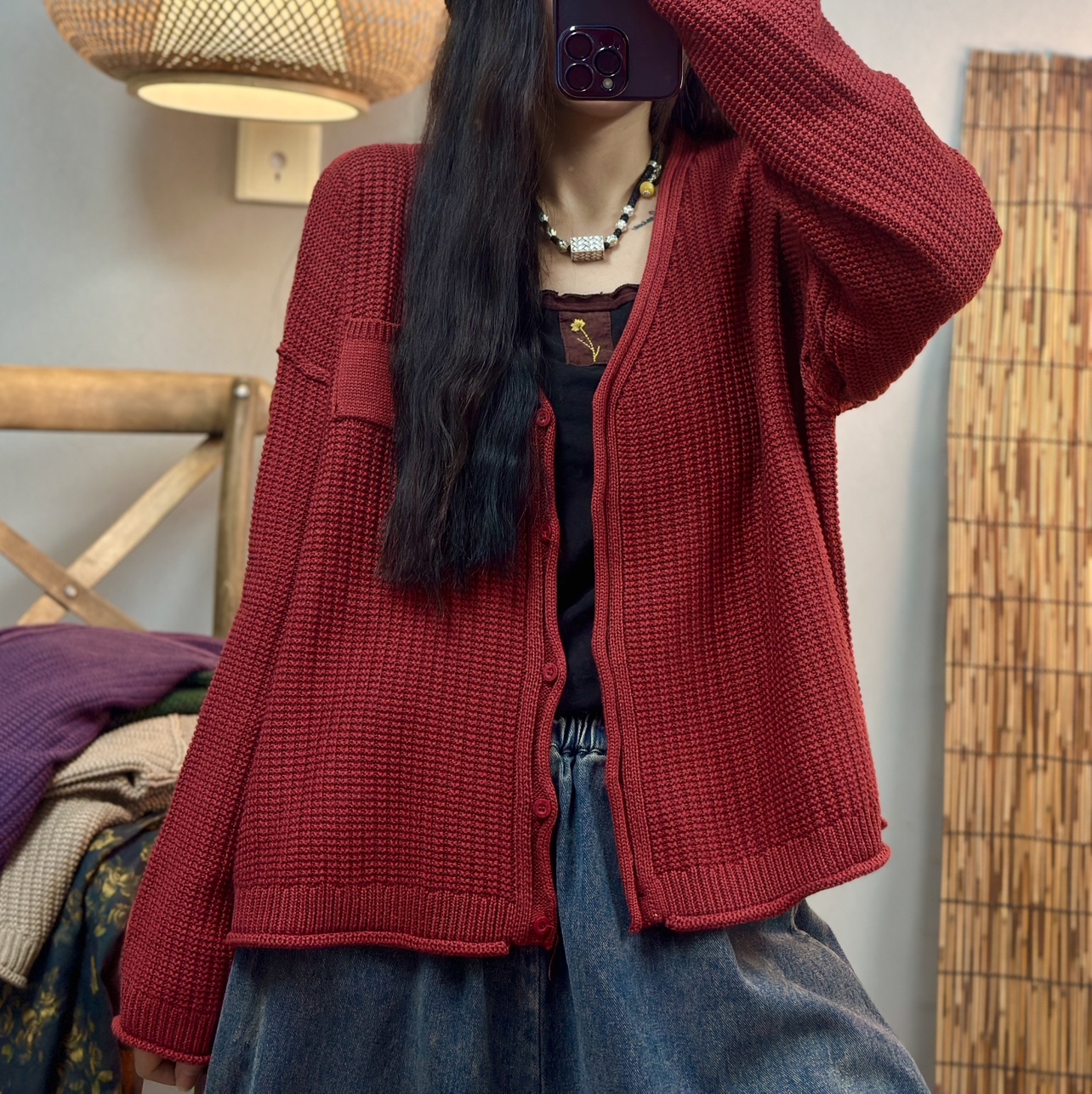 小口袋棉线针织开衫女短款洋气长袖春装新复古休闲洋气单排扣上衣