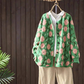 10支玫瑰羊驼10%羊毛混纺提花花色针织开衫 新款 巴黎麦田