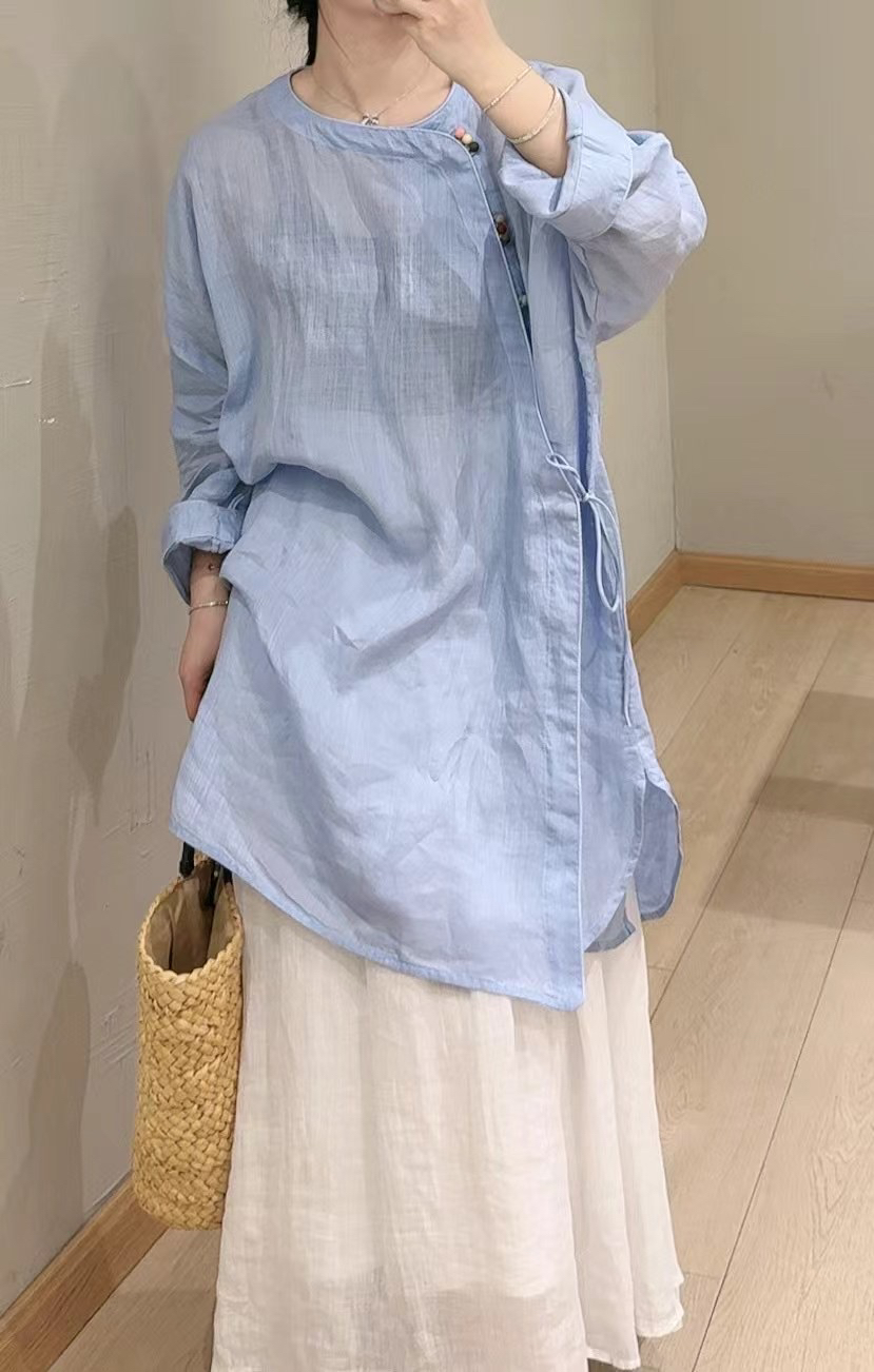 佛系禅意盘扣年轻纯苎麻长袖衬衫女清冷小衫文艺茶服宽松棉麻袍子