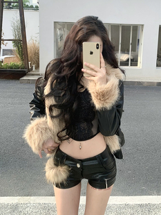 BlackRose韩流辣裤 早期秋冬pu皮紧身毛边性感修身 热辣低腰超短裤