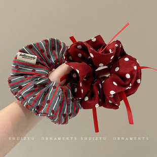 秋冬红色大肠发圈女2025新款发绳超大波点条纹头绳皮筋扎头发头饰