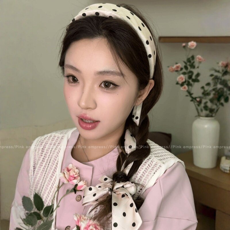 韩系波点蝴蝶结飘带发箍女高颅顶编发一体头箍日常外戴洗脸压发卡
