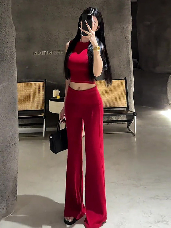 红色冰丝微喇运动卫裤女夏薄款小个子高腰显瘦慵懒松弛感遛弯长裤