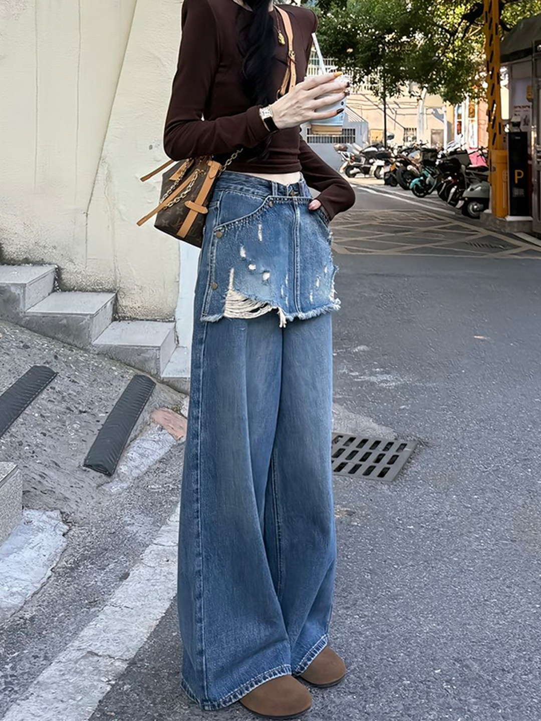 假两件屁帘阔腿牛仔裤女2025新款秋季高腰宽松大码显瘦直筒弯刀裤