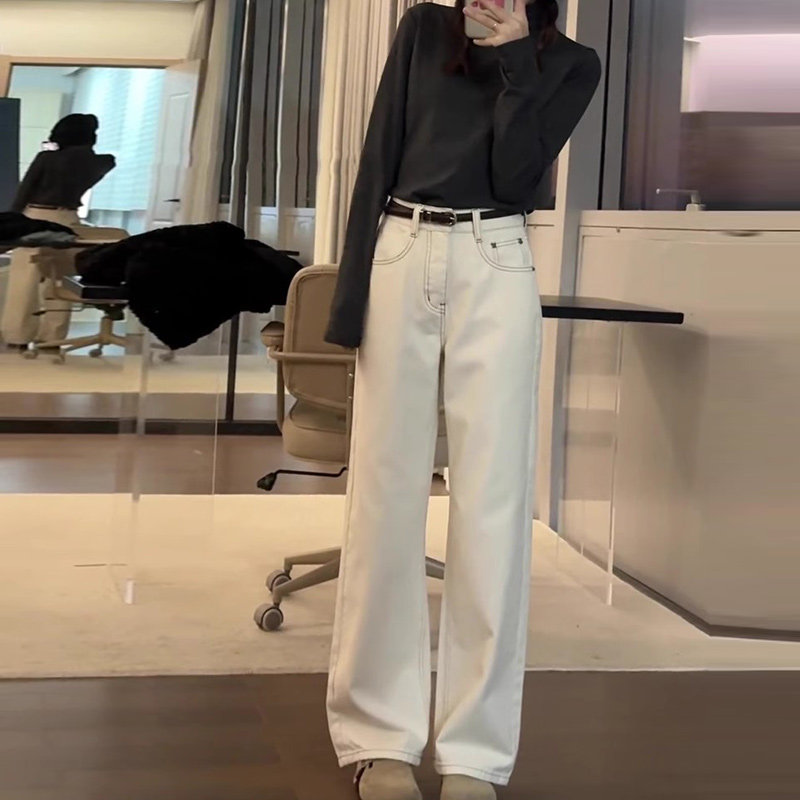 米杏色直筒牛仔裤女秋季2025新款小个子高腰宽松垂感阔腿加绒裤子,女装/女士精品,大码裤装,淘宝优惠券,粉丝福利购,淘宝优惠卷