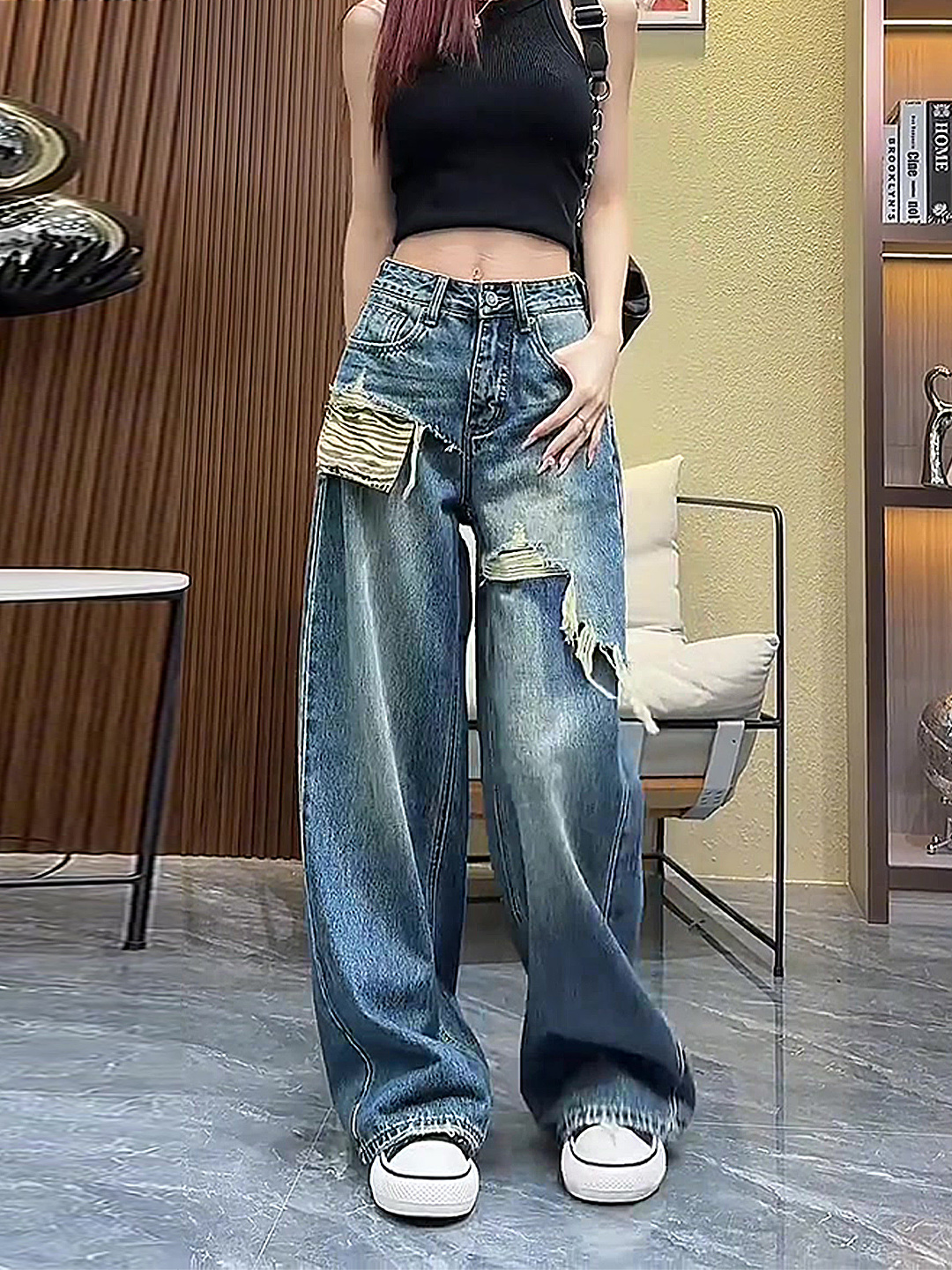 覆古蓝水洗破洞牛仔裤女秋款2025新款高腰显瘦设计感假两件阔腿裤