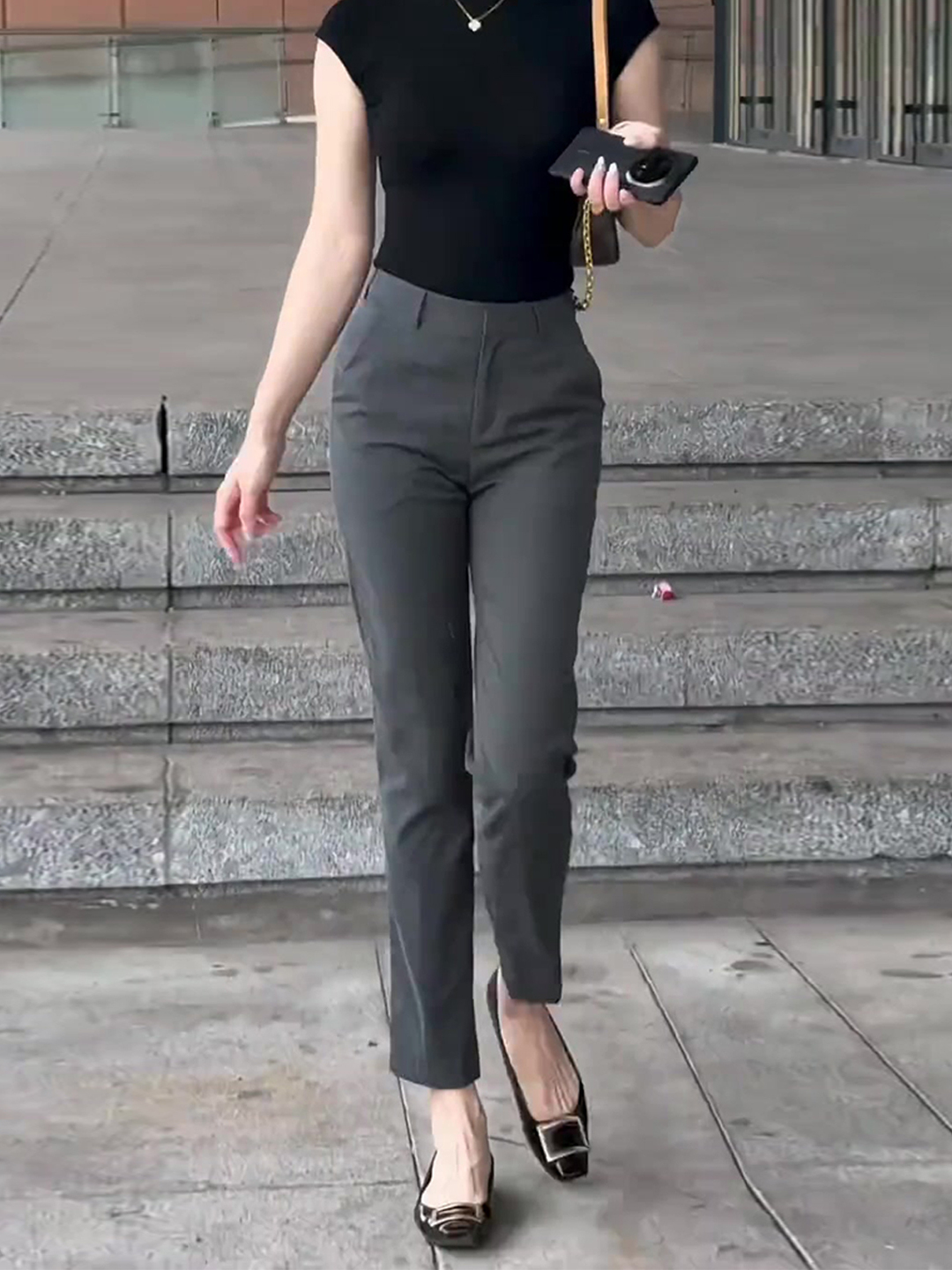 时尚洋气高级感灰色烟管西装裤女秋装2025新款高腰修身显瘦九分裤