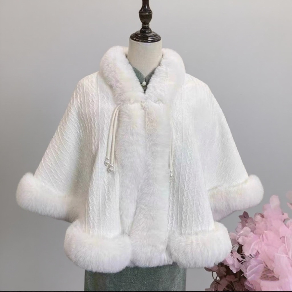 931#新款加绒加厚仿獭兔毛领披肩斗篷百搭旗袍外搭披风保暖外套女