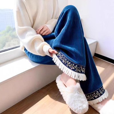 新中式国风蓝色灯芯绒直筒休闲长裤秋冬设计感花朵刺绣流苏阔腿裤