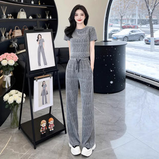 小个子休闲运动套装女夏季2026超火修身显瘦短款上衣阔腿裤两件套