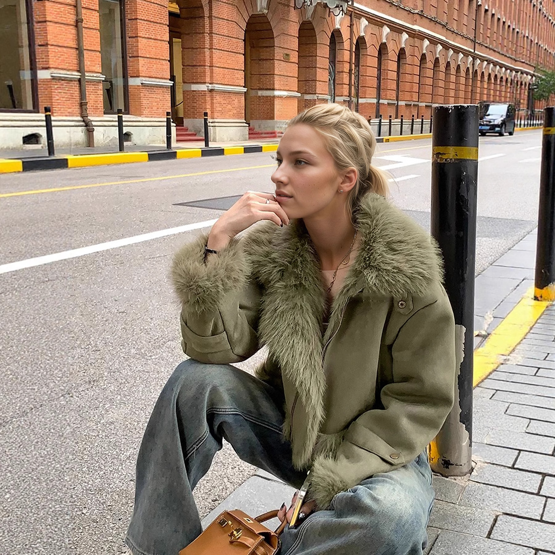 跨境外贸爆款鹿皮绒毛领皮毛一体机车服外套减龄漂亮洋气夹克上衣