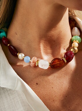 欧美跨境饰品 美拉德风彩色树脂串珠项链 复古不规则