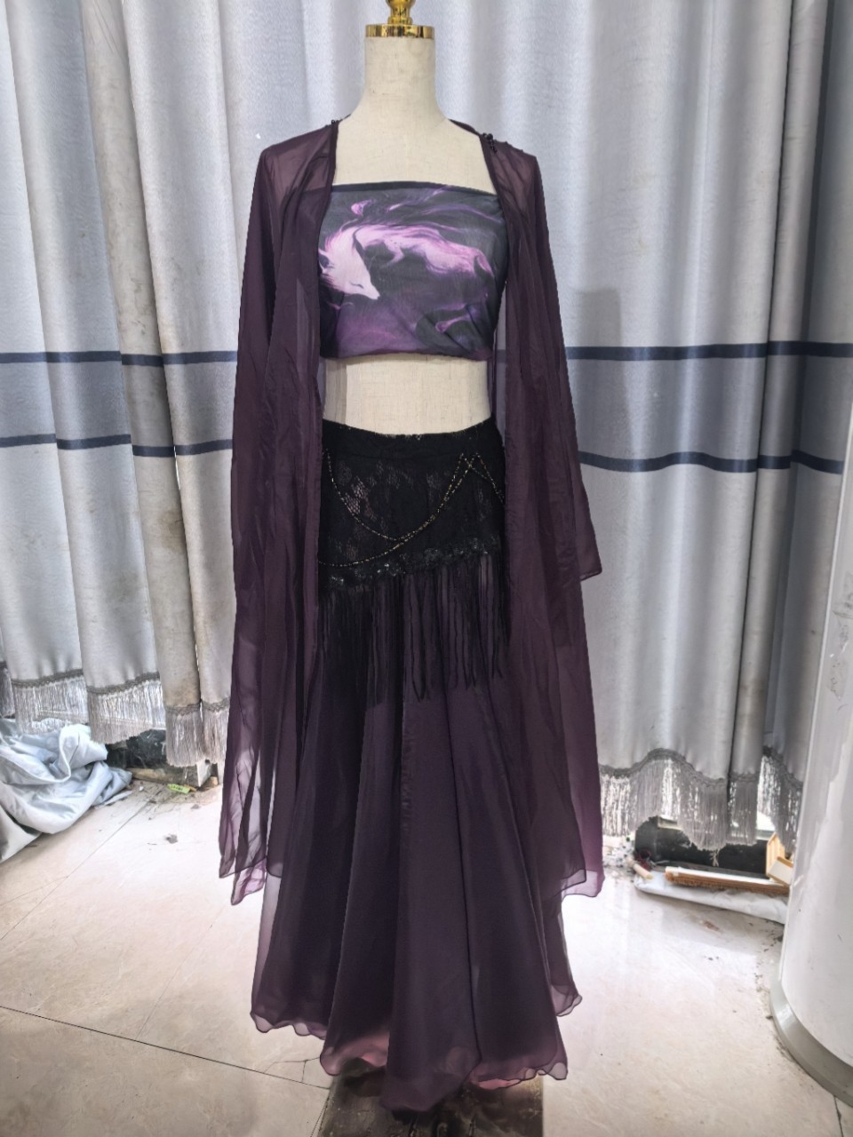 【墨紫青丘】古风爵士魅紫纱衣抹胸长裙古典舞演出服套装
