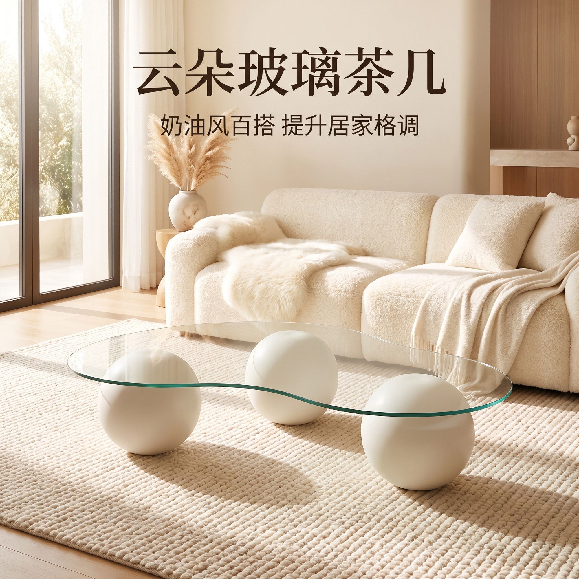 简约奶油风钢化玻璃圆形茶几图片