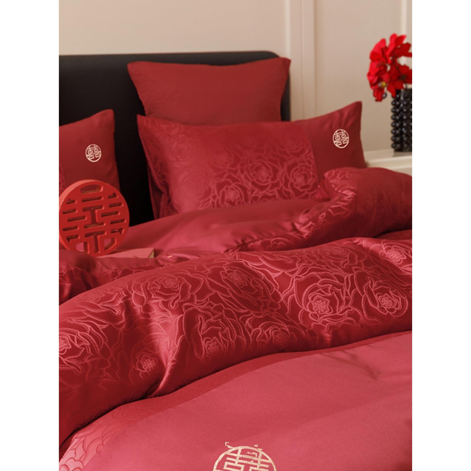 新疆包邮新中式喜字结婚四件套大红色床单玫瑰纯棉被套婚庆房喜被