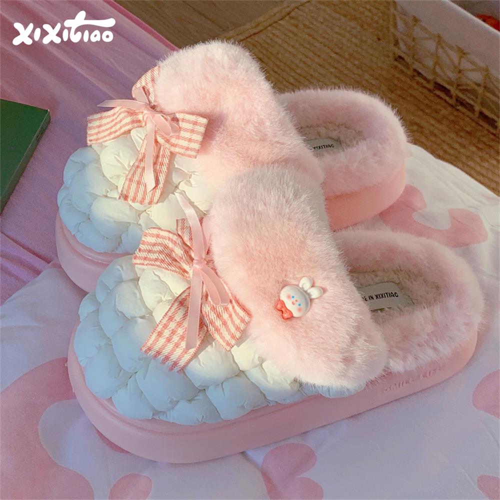 新疆包邮细细条 女冬甜美蝴蝶结泡泡格棉拖鞋保暖防滑加绒加厚居