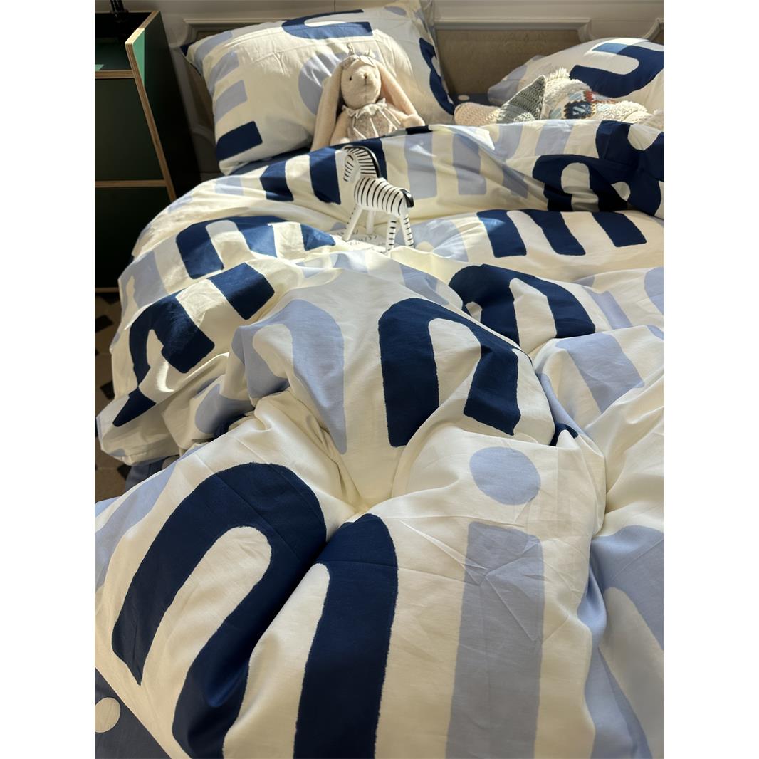 新疆包邮ins蓝色字母北欧简约床上四件套全棉纯棉公寓1.5m被套床