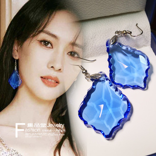 韩版蓝色水晶枫叶透明通透耳环质感气质耳坠耳饰时尚高贵饰品孤品