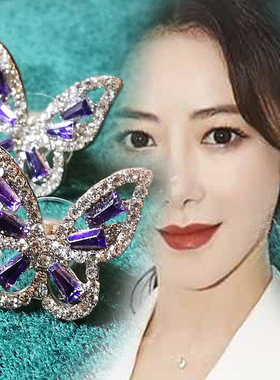 日韩紫色镶嵌宝石闪亮水钻蝴蝶小耳钉纯银耳针防过敏可爱小清新仙