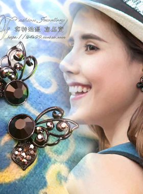 韩国欧美饰品风格黑色闪钻蝴蝶镂空烤漆防敏耳钉个性气质独特通勤