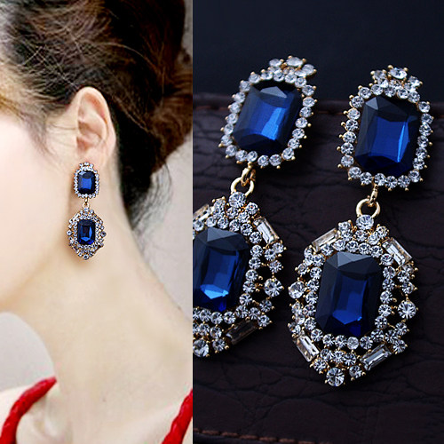 韩国欧美时尚耳环钉夹饰品性感蓝水晶奢华夜店925银针大无耳洞