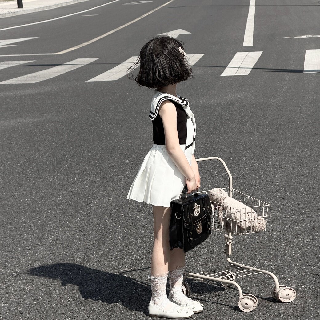WONIU敲好看|女童夏季海军领学院风套装女宝宝超短裙百褶裙洋气