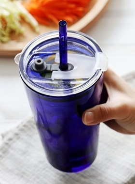 蓝色摇摇杯蓝色太阳水杯零极限清理杯子耐热耐高温带吸管带隔热套