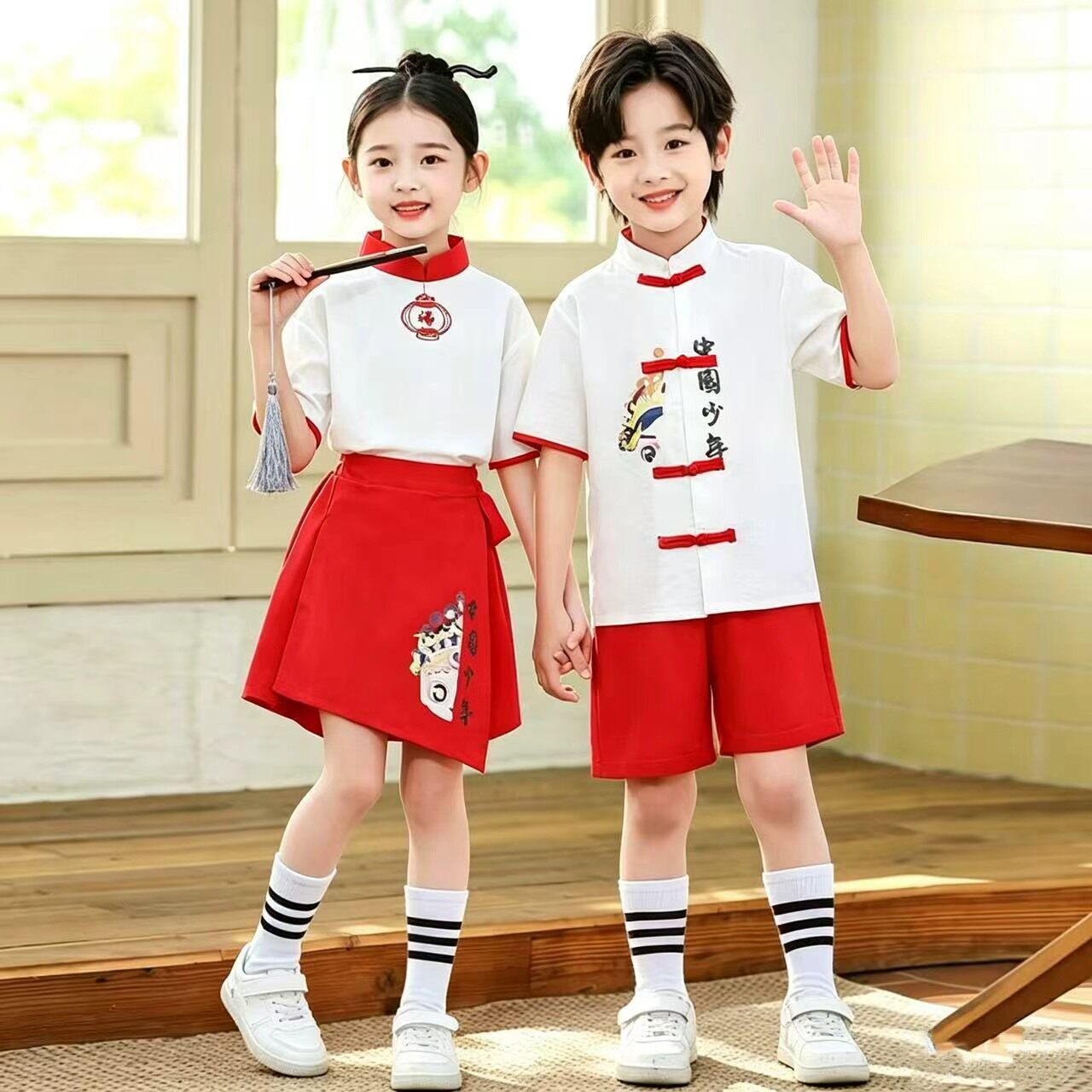 六一儿童啦啦操表演服小学生合唱演出服幼儿园男女中国风夏季套装