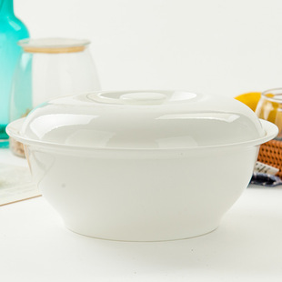 9英寸品锅纯白陶瓷带盖大海碗汤盆大号创意家用双耳大汤盆