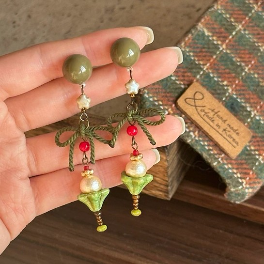 森林奇妙夜｜一加一shop原创设计捷克珠做旧耳钉圣诞树耳夹礼物