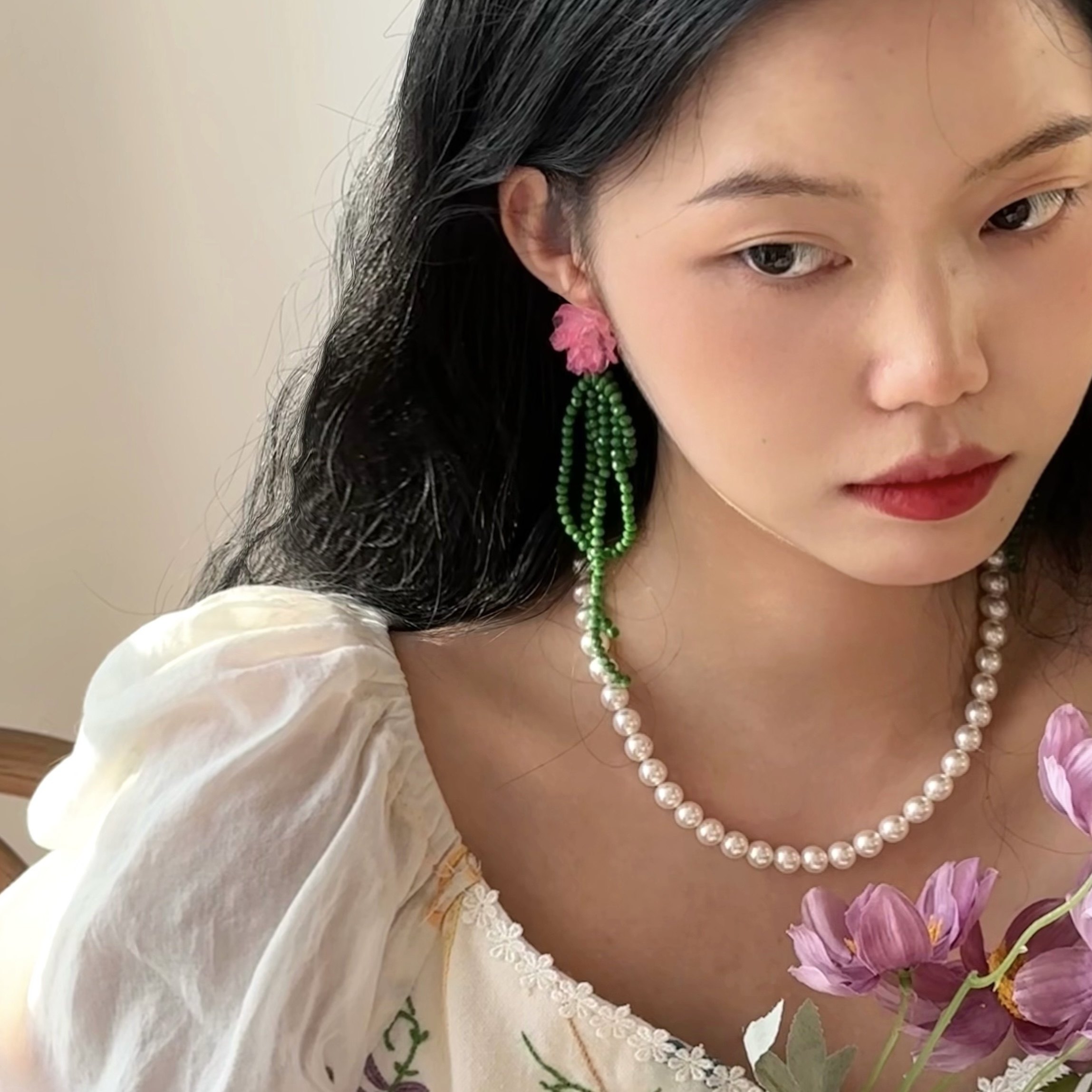 春野 一加一shop原创粉绿撞色串珠耳钉925耳夹长款无耳洞复古新款