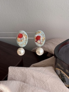 悬溺海岛｜一加一shop原创复古耳钉港风油画感阻力耳夹珍珠中古感