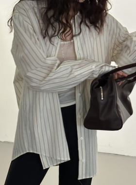 CC-LL韩国东大门代购 春季新款 刺绣条纹 翻领复古宽松长袖衬衫