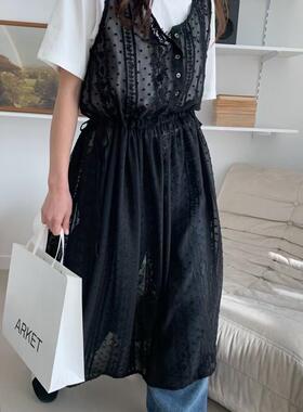 CC-LL韩国东大门代购 春季新款 蕾丝透视叠穿抽绳收腰无袖连衣裙
