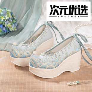 新款超高跟汉服鞋子女10cm内增高绣花鞋翘头弓鞋珍珠刺绣秀禾婚鞋