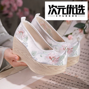 新款汉服鞋子女古风高跟10cm内增高厚底绣花鞋民族风翘头秀禾婚鞋