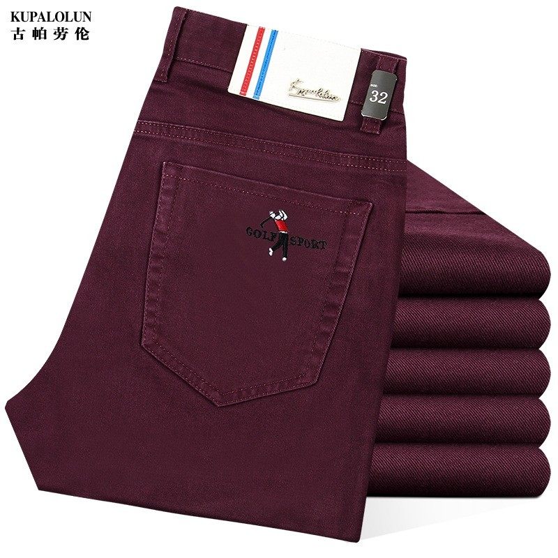 高端纯棉商务装休闲长裤子直筒保罗刺绣秋冬季品牌男士紫红色厚款