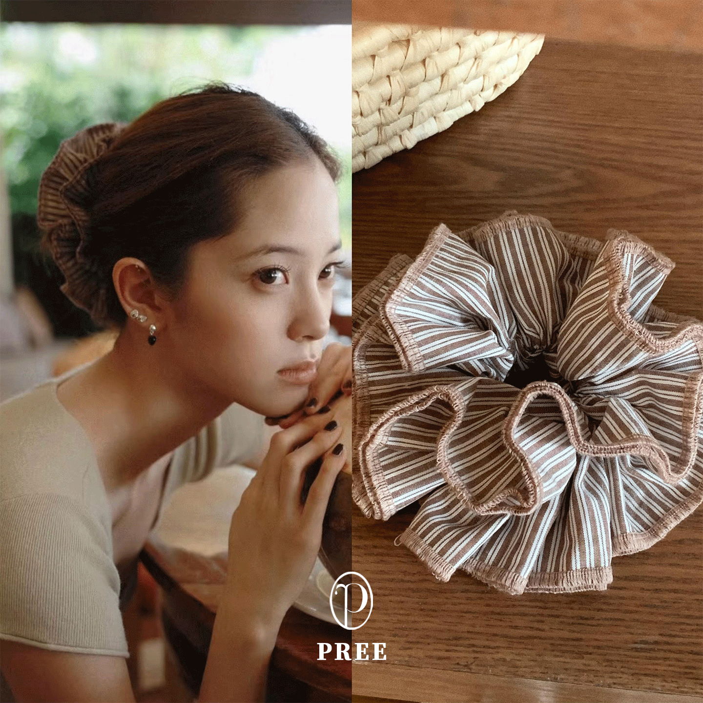 Pree·“欧阳娜娜同款”韩系条纹大肠发圈女布艺褶皱花苞头饰