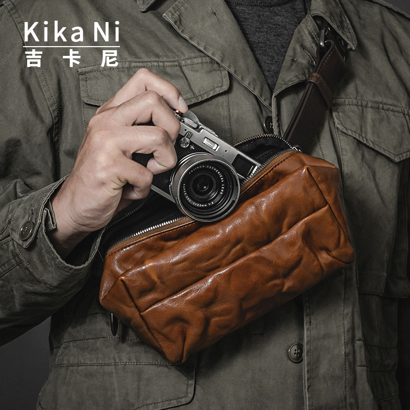 吉卡尼 胸包男款潮牌个性斜跨百搭运动包相机牛皮小背包骑行男包