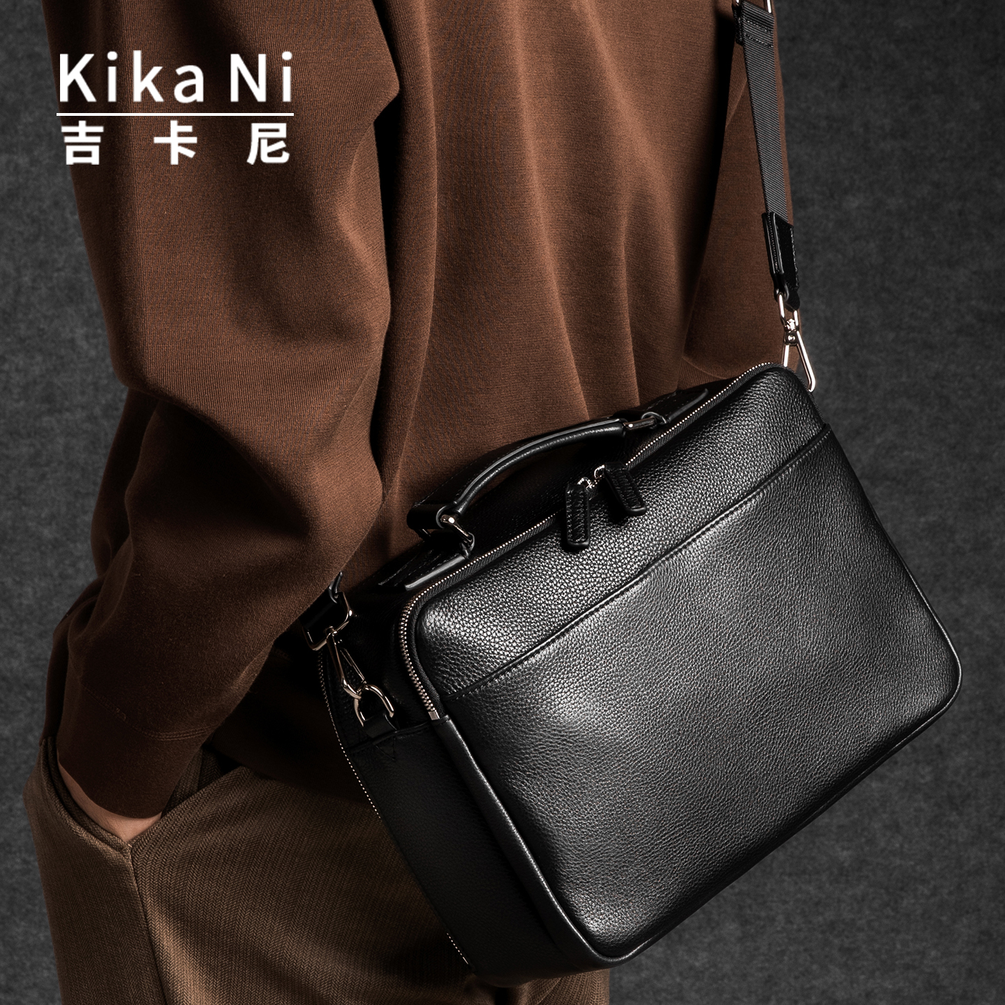 吉卡尼 真皮邮差包男大容量手提相机包商务休闲高级感通勤斜挎包